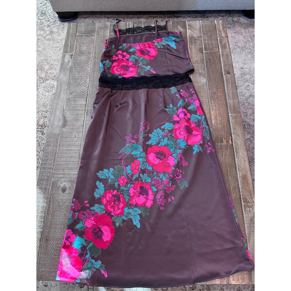 Free People Midnight Garden 2-Piece Set Satin Floral Cami Midi Skirt Brown M NEW - Picture 12 of 12